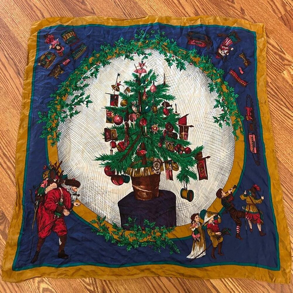 Vintage 30” x 30” silk holiday scarf, tablecloth, wall decor, gift wrap